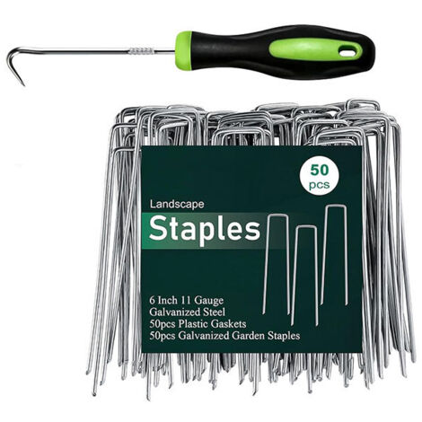 Lot de 50 piquets de fixation galvanisés – Agrafes pour toile de paillage 4x15 cm en U pour gazon, couverture de sol et plantes