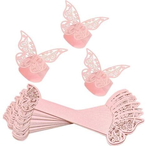 Lot de 50 Ronds de Serviette Creux en Papier Papillon réfléchissant Brillant pour Mariage, Banquet, dîner, décoration de Table (Rose)