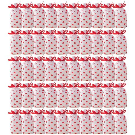 Lot de 50 sachets cadeaux en forme de cœur pour Saint-Valentin, poche à cordon pour biscuits, bonbons, emballage de fête d'amour, mariage et fiançailles.