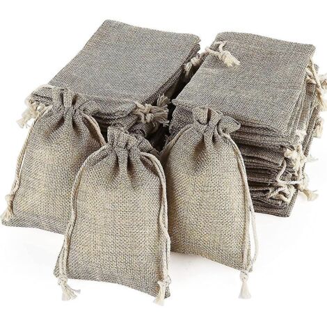 Lot de 50 sachets en lin et chanvre, sacs à cordon en toile de jute, mini-cadeaux naturels et légers