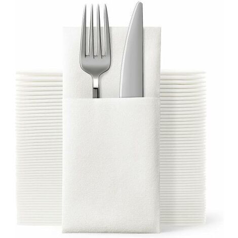 Lot de 50 serviettes de table jetables en tissu, avec poche à couverts intégrée, aspect lin blanc, pour mariages et fêtes, pré-pliées pour les couverts.