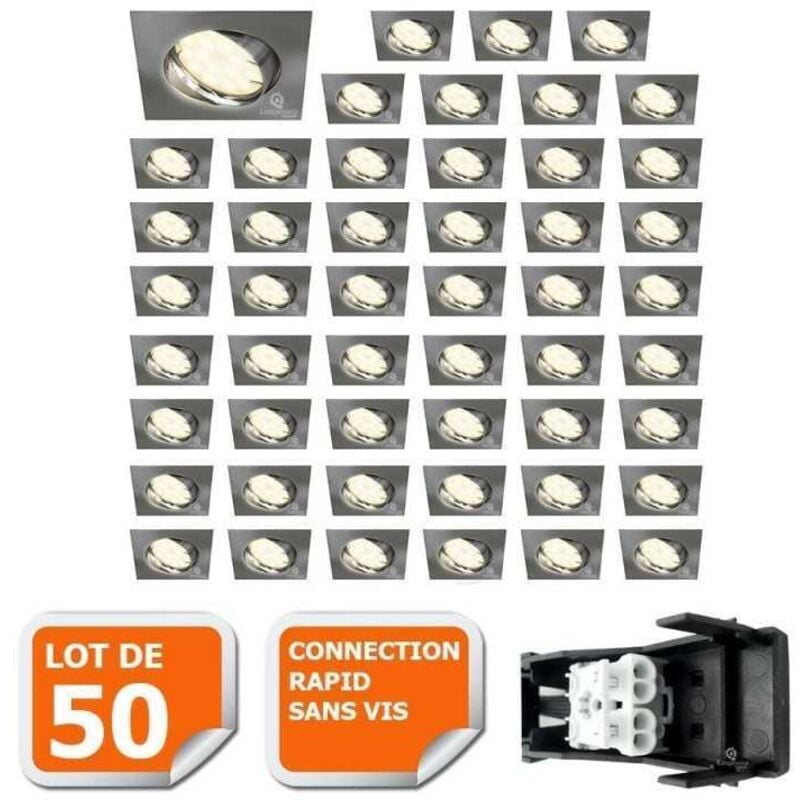 Lot de 50 spot encastrable orientable LED carré alu brossé GU10 230V eq. 50W blanc neutre