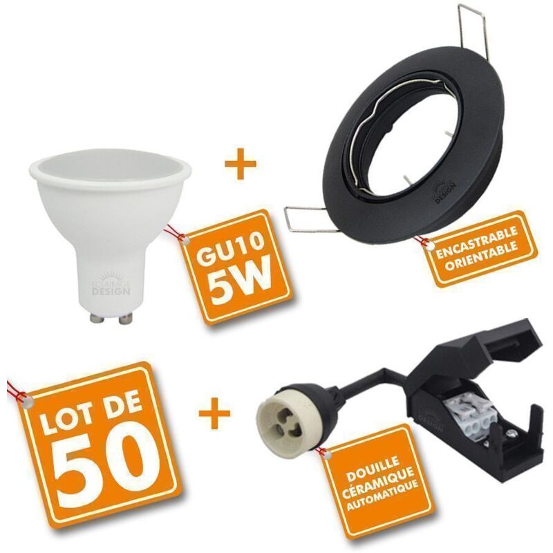 Lot de 50 Spot encastrable orientable Noir avec GU10 led de 5W eq 50W Température de Couleur: Blanc chaud 2700K