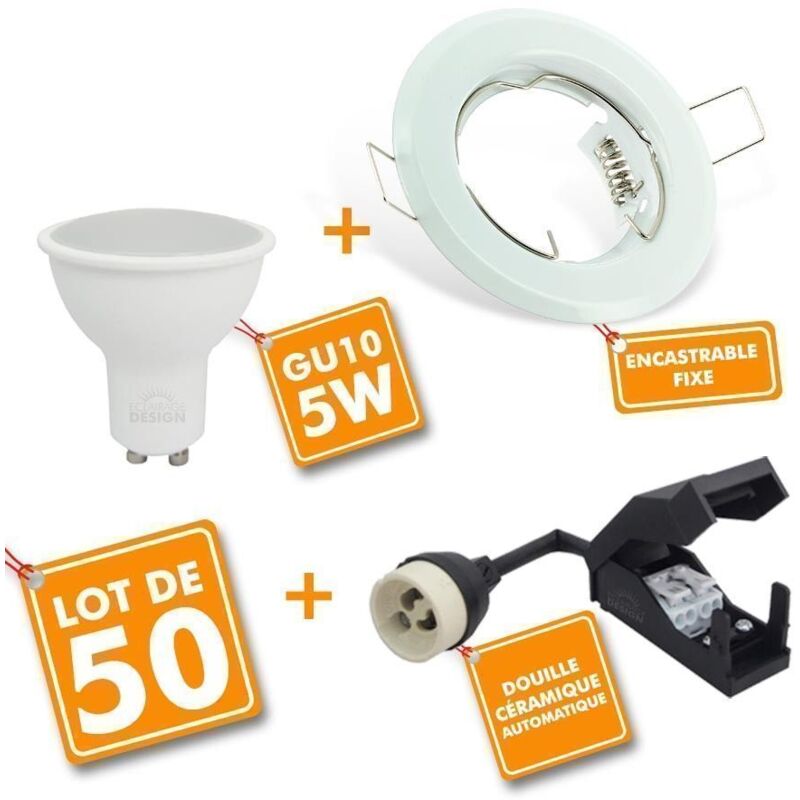 Lot de 50 Spot led encastrable complet Blanc Fixe avec Ampoule GU10 5W Température de Couleur: Blanc chaud 2700K