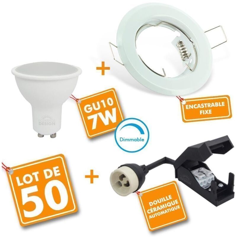 Lot de 50 Spot LED encastrable complet Blanc Fixe avec Ampoule GU10 7W Dimmable | Température de Couleur: Blanc chaud 2700K