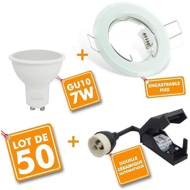 Lot de 50 Spot led encastrable complet Blanc Fixe avec Ampoule GU10 7W Température de Couleur: Blanc neutre 4000K