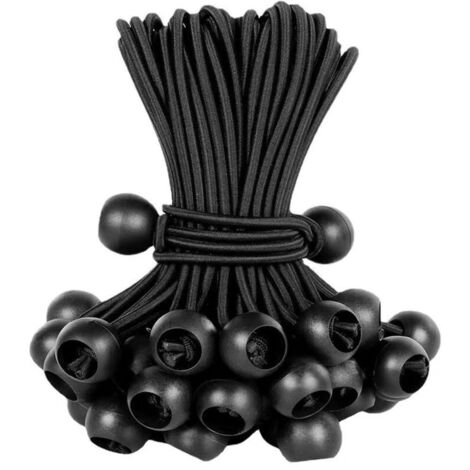 Lot de 50 tendeurs élastiques avec Boule – Tendeur de bâche, Sandow élastique, Corde élastique – Boucles Extensibles Noires avec Boule en Plastique