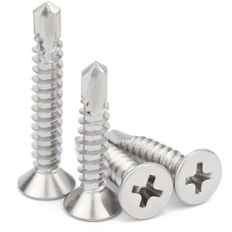 Lot de 50 vis autoperceuses à tête fraisée cruciforme 4,8 x 38 mm , en acier inoxydable 304 , vis autotaraudeuses multi-usages pour tôles métalliques , bois , cloisons sèches