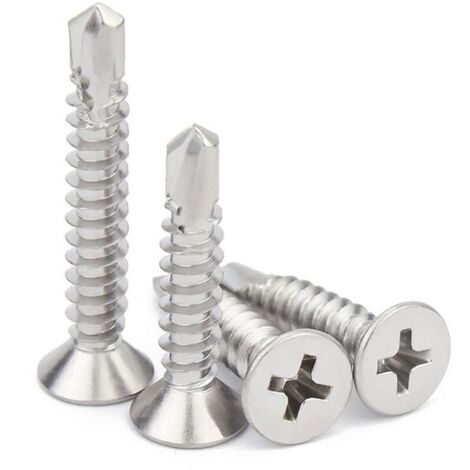 Lot de 50 vis autoperceuses à tête fraisée cruciforme 4,8 x 38 mm , en acier inoxydable 304 , vis autotaraudeuses multi-usages pour tôles métalliques , bois , cloisons sèches