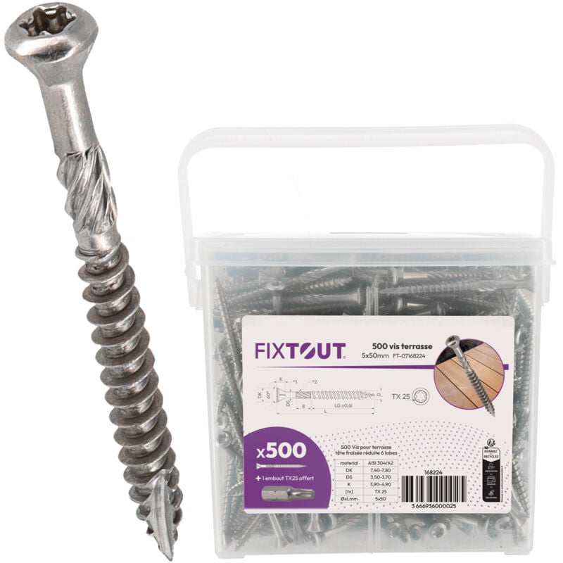 Lot de 500 vis terrasse en Inox A2 - Empreinte Torx 25 à tête réduite crantée - Diamètre 5mm - Longueur 70 mm