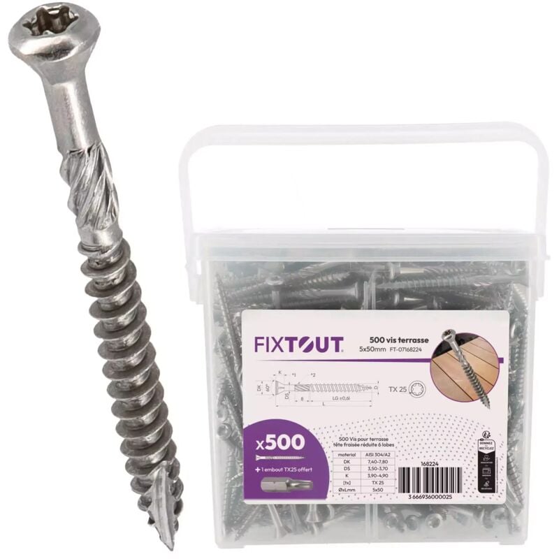 Lot de 500 vis terrasse en Inox A2 - Empreinte Torx 25 à tête réduite crantée - Diamètre 5mm - Longueur 50 mm