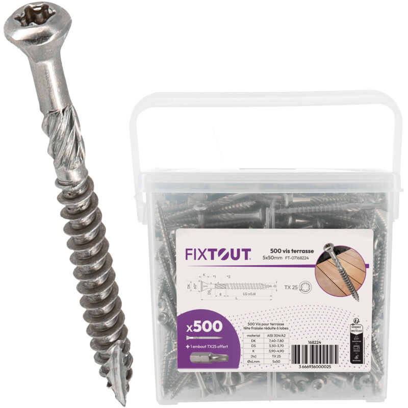 1000 vis terrasse inox A2 - Torx 25 à tête réduite crantée - Diamètre 5mm - Longueur 60 mm