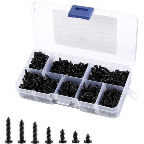 Lot de 500 vis autoperceuses noires M3, à tête ronde, pour bois tendre et métal, avec boîte en plastique