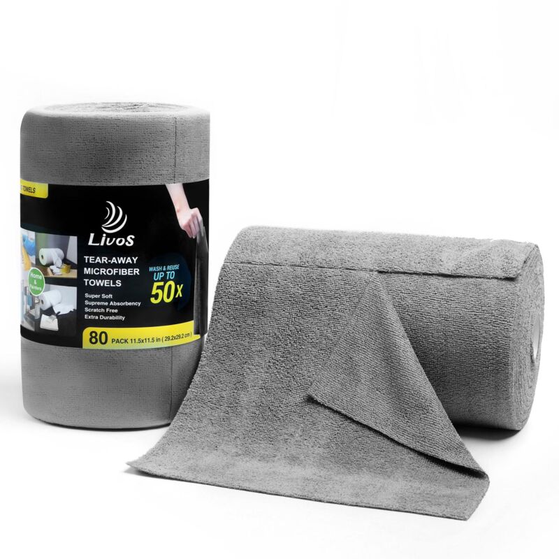 Lot de 50Chiffons de Nettoyage en Microfibre, Rouleau de Chiffon Microfibre déchirable, Lingettes de Nettoyage Réutilisables et Non Pelucheux