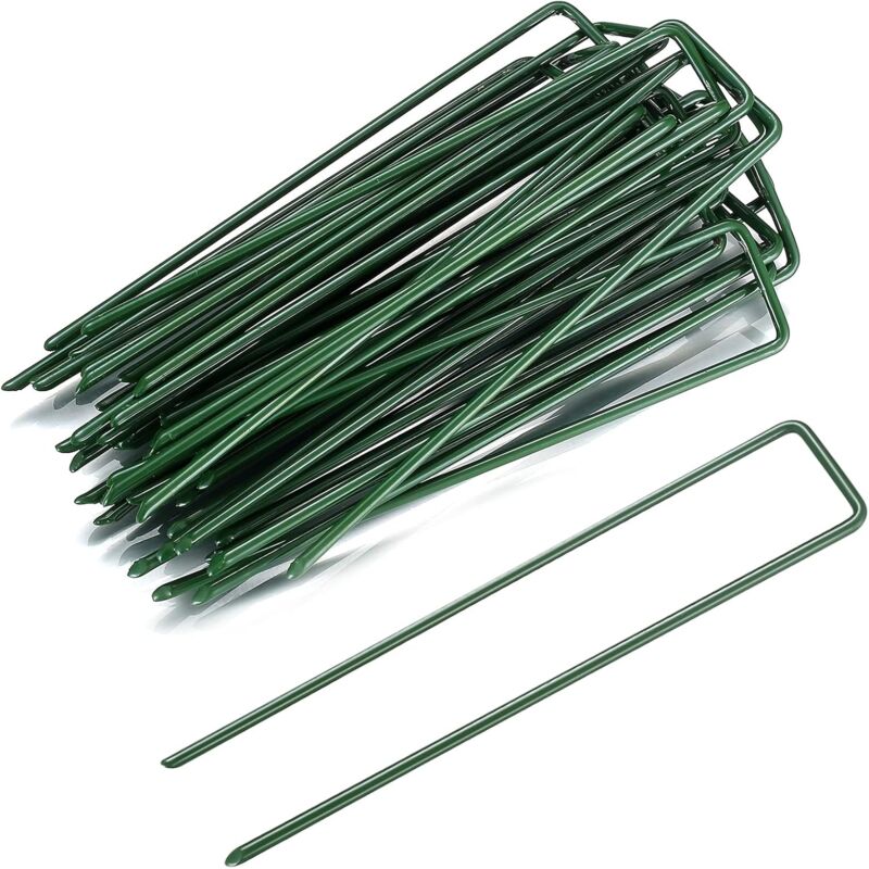 Lot de 50piquets de jardin en forme de U, piquets de fixation pour gazon artificiel, piquets en métal vert pour mauvaises herbes, tissu, tapis, gazon