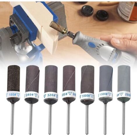 Lot de 56 tambours abrasifs avec tiges papier abrasif pour outils rotatifs Dremel, grains 180/240/320/600/1000/1500/2000, tige 3 mm (1/8") enlever la rouille métallique et le polissage -