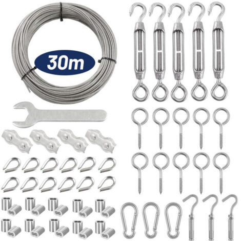 Lot de 59 cordes câble acier inoxydable 30 m avec œillets, pour plantes, linge, lumières