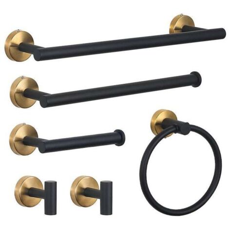 Lot de 6 Accessoires Salle de Bain - Porte-Serviettes, Porte-Papier Toilette, Crochets, Acier Inoxydable Or Brossé/Noir Mat, Montage à Vis