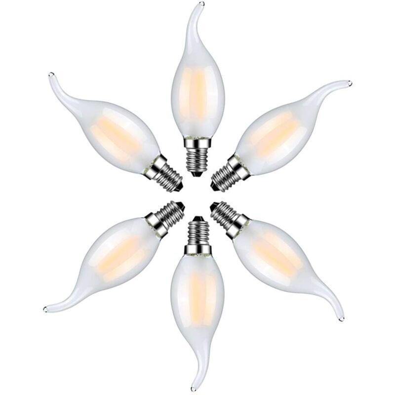 Lot de 6 Ampoule LED Flamme E14 4W Blanc Chaud 2700K-Ampoules Bougie à Filament pour Lustres-Verre Dépolie