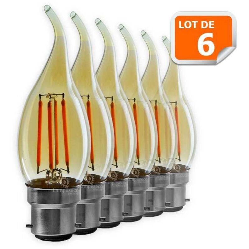 Lampesecoenergie – Lot de 6 ampoules décoratives led à filament doré 4W – Éclairage chaleureux 3000K – Culot B22 – Luminosité 420lm – Durée de vie