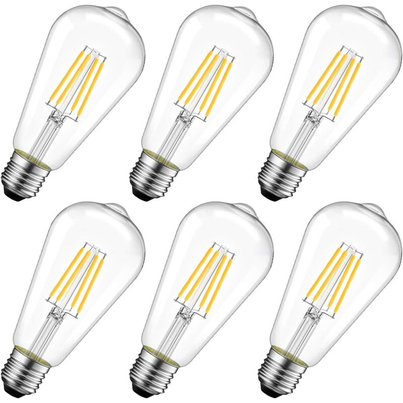 Lot de 6 ampoules à filament LED vintage Edison 8 W E27 ST64 2700 K blanc chaud non dimmable