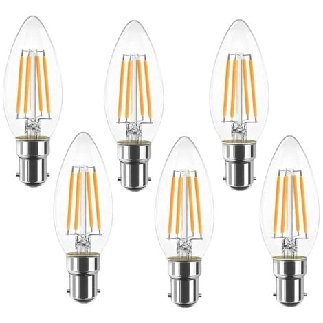 BEIJIYI Lot de 6 ampoules LED B15 Baïonnette à filaments vintage bougie C35, sans scintillement à vis Edison – 4W (équivalent 40 W) 400 lm blanc chaud 2700 K, non variable. [Classe énergétique B]