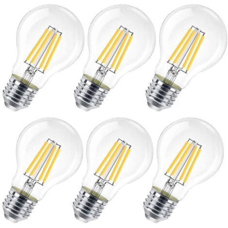 Lot de 6 ampoules LED E27, 8 W (équivalent 80 W), claires, non dimmables, blanc chaud 3000K, modèle A60