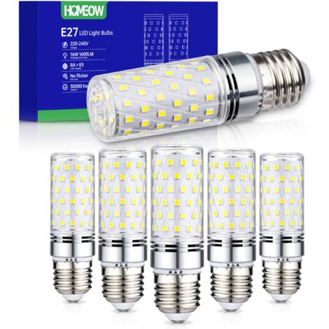 Lot de 6 ampoules LED E27 type maïs, 16 W équivalent à 150 W, blanc froid 6000 K, 1600 lm, économie d'énergie, 220-240 V CA, éclairage intérieur non dimmable