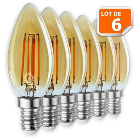Lot de 6 Ampoules Led Flamme Filament Doré 4 watt (éq. 42 Watt) Culot E14