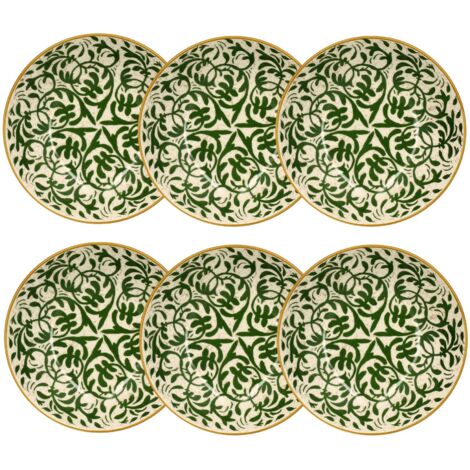 Lot de 6 assiettes creuses en grès 20cm – Motif floral méditerranéen – Compatible micro-ondes et lave-vaisselle – Finition beige élégante