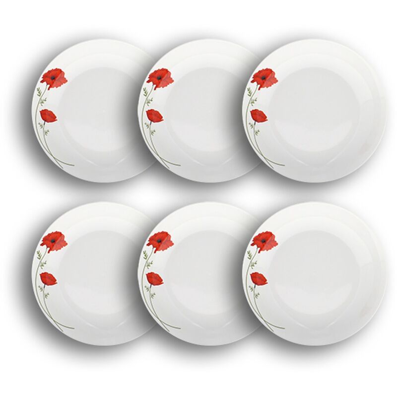 Lot de 6 assiettes creuses en porcelaine 20,5cm, COQUELICOT
