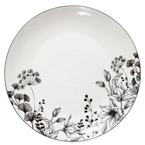 Lot de 6 assiettes plates 27cm en porcelaine – Motif floral blanc et noir – Compatible lave-vaisselle et micro-ondes – Secret De Gourmet