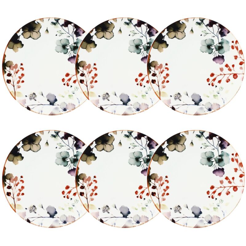 Lot de 6 assiettes plates en porcelaine 27cm, aquarelle