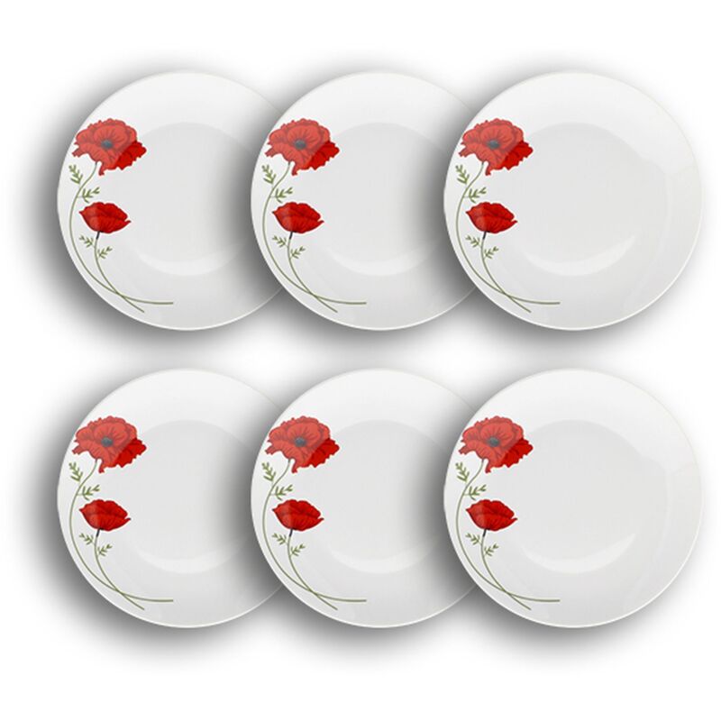 Lot de 6 assiettes plates en porcelaine 27cm, COQUELICOT
