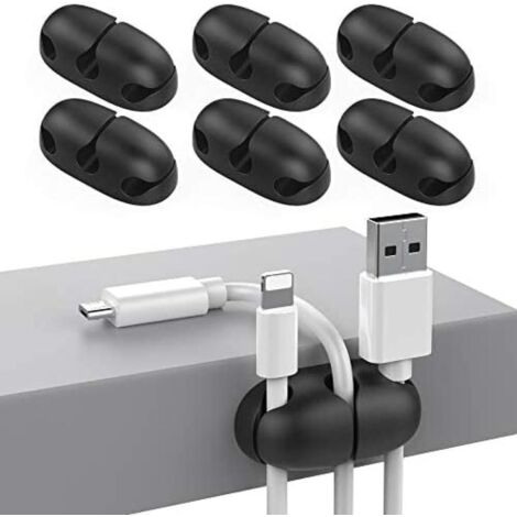 Lot de 6 attaches adhésives résistantes pour organiser les câbles d'alimentation USB, pour la maison, le bureau et la voiture (noir)