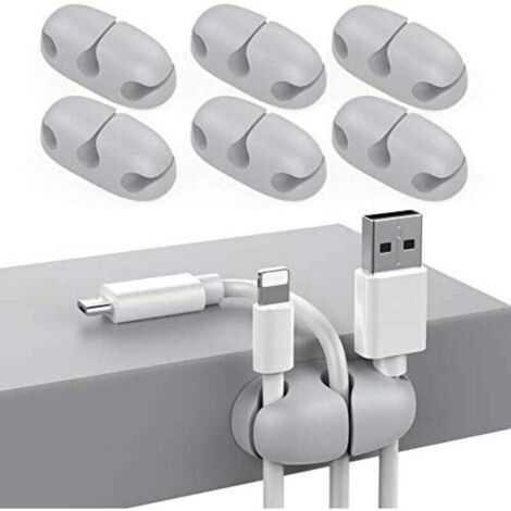 Lot de 6 attaches adhésives résistantes pour organiser les câbles USB, pour la maison, le bureau et la voiture (gris)