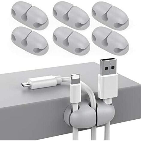 Lot de 6 attaches adhésives résistantes pour organiser les câbles USB, pour la maison, le bureau et la voiture (gris)