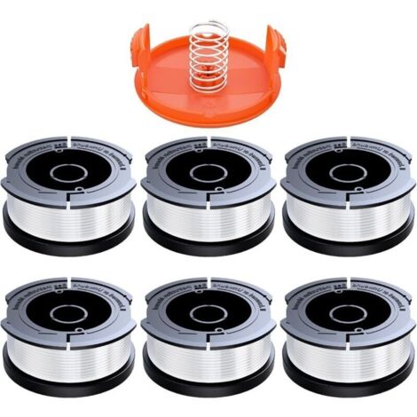 Lot de 6 bobines de fil 1.65mm avec 10m de fil, compatible coupe-bordures Black & Decker. Inclut 6 bobines, 1 couvercle, 1 ressort.