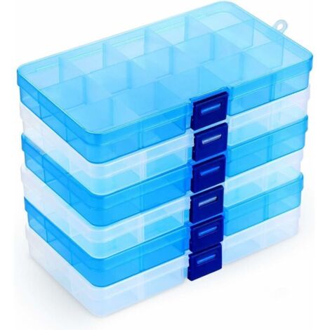 Lot de 6 Boîte de Rangement Plastique,15 Grilles Diviseurs à Compartiments Ajustables Boîte de Organisateur Contenants de Rangement pour Collier,Boucles D'oreilles,Articles de Bricolage