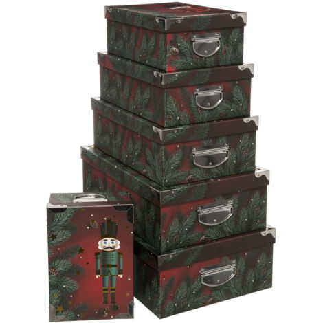 Lot de 6 Boîtes de rangement avec poignées et coins en métal motif Casse Noisette - Feeric Christmas