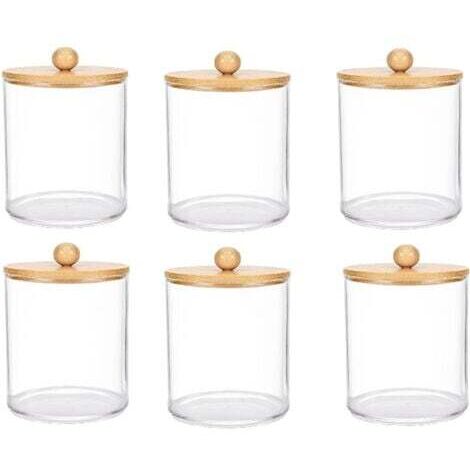Lot de 6 boîtes de rangement transparentes en plastique pour bouteilles de médicaments avec couvercles en bambou, pour distributeur de cotons-tiges, organisateur de bocaux de salle de bain