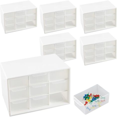 Lot de 6 Boîtes Rangement Tiroir Plastique, avec 9 Tiroirs, mini tour rangement plastique, petits tiroirs, Organiseur Bureau, blanc, 18 x 12 10 cm -
