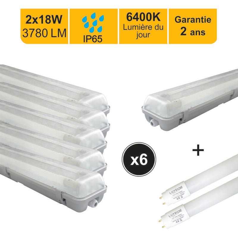 Lot de 6 boitiers étanche traversant IP65 120cm + 2 tubes led 2x18W 37800lm 6500K - garantie 2 ans