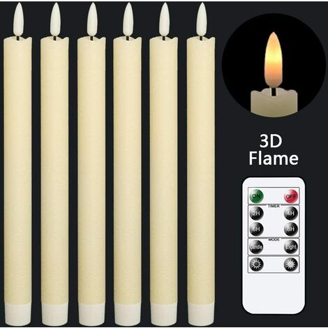 Lot de 6 bougies coniques sans flamme vacillantes avec télécommande à 10 touches, fonctionne avec piles, mèche 3D, bougies de fenêtre en cire véritable, décoration de Noël(2 x 24 cm) [Classe énergétiq