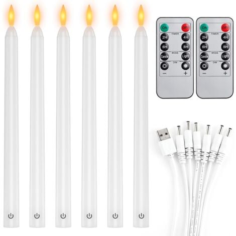 KEYOUNY Lot de 6 Bougies Longues LED Vacillantes Sans Flamme avec 2 Télécommandes, Bougies de Fenêtre LED Rechargeable 26,5 CM Blanc, Décoration pour Noël Mariage Fêtes Banquets