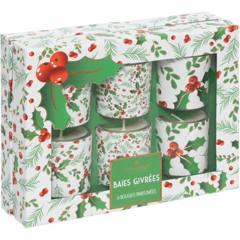 Lot de 6 Bougies parfumées dans photophores en verre 240G Houx et Baies givrées - Feeric Christmas