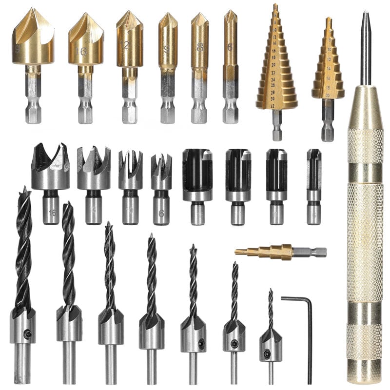 Ensemble de 26 forets à chanfreiner pour le travail du bois, fraises à bois, forets à trois pointes, outils de perçage pour le bois