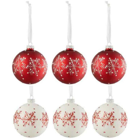 Lot de 6 Boules de Noël "Flocons de Neige" 8cm Blanc & Rouge