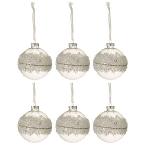 Lot de 6 Boules de Noël "Glace" 8cm Blanc & Argent