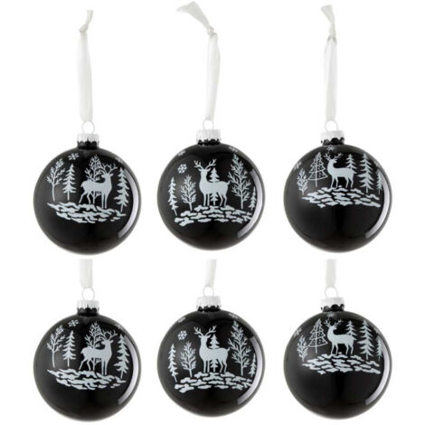 Lot de 6 Boules de Noël "Renne" 8cm Noir & Blanc